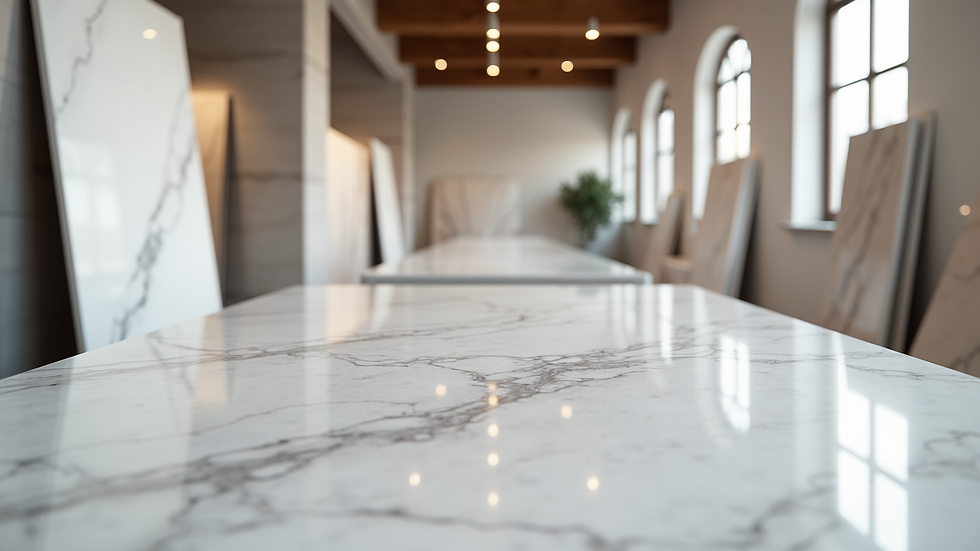 Eye-level view of marble slabs displayed in a spacious showroom