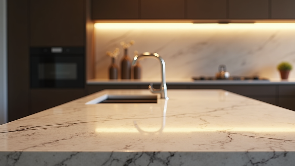 Eye-level view of onyx kitchen island with backlit lighting