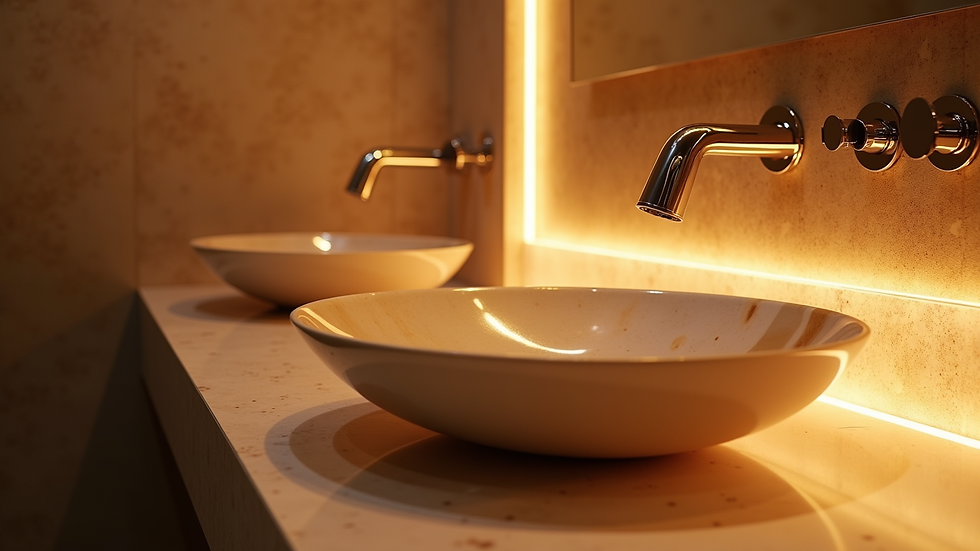 Eye-level view of onyx sink basin with warm lighting
