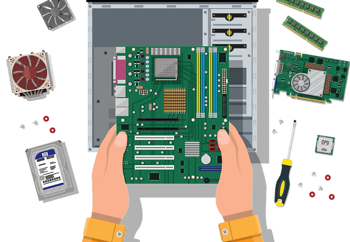 Vue en plongée des mains d'un technicien travaillant sur un assemblage de carte mère d'ordinateur avec des composants périphériques autour, représentant le service de montage Pc sur mesure de Cybersauveteur