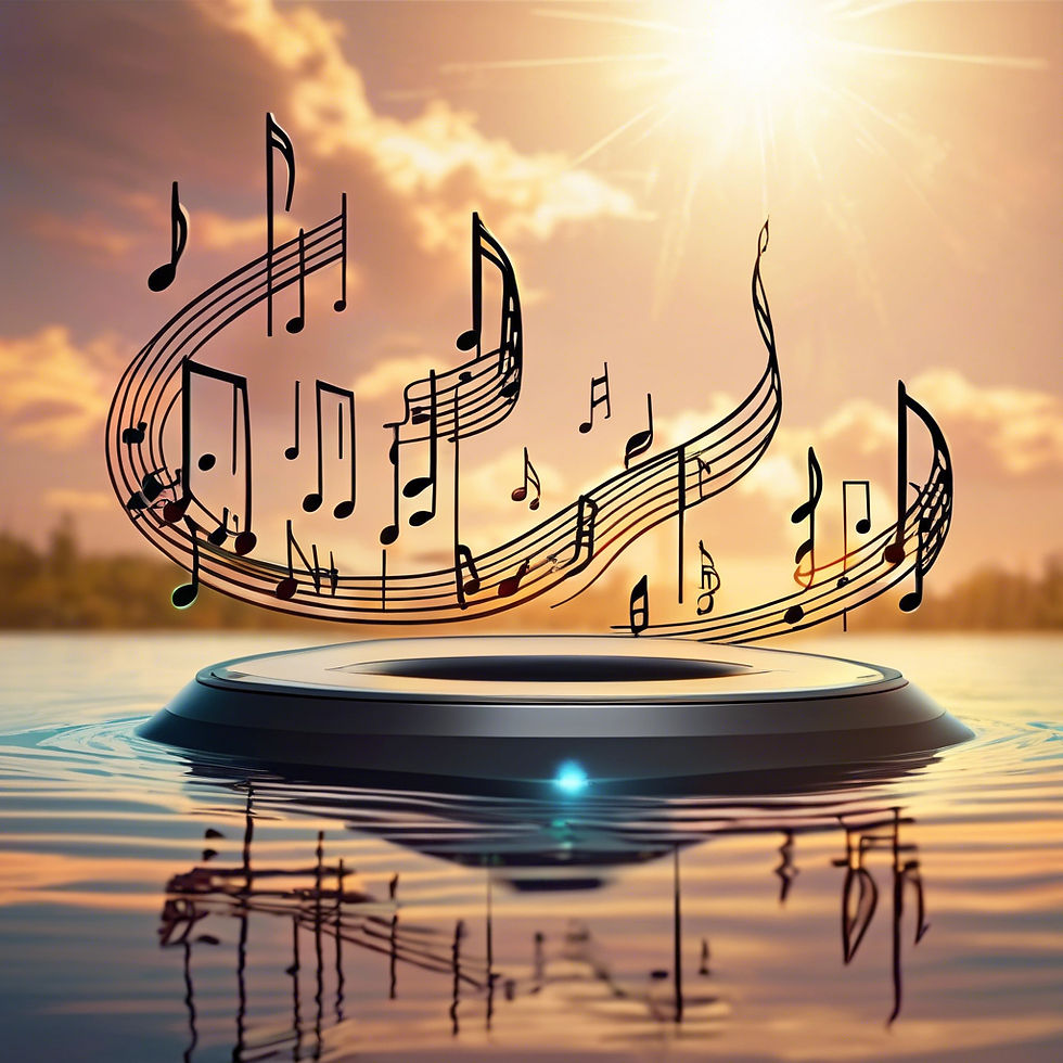 music notes flowing like water from the sky into a mixing board that is from the future.jpg