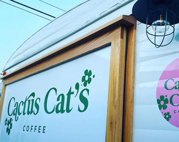 Cactus Cat's Coffee storefront, outdoor sign with visible text and joyful coffee drinks