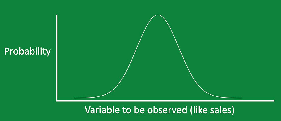 A probability distribution shows the range of possible outcomes and their relative probabilities.
