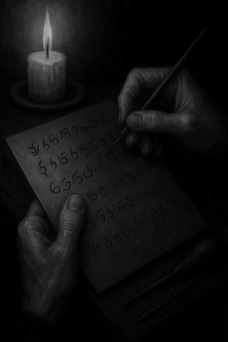 oil painting of hands engraving undecipherable writings on copper plates in portrait forma