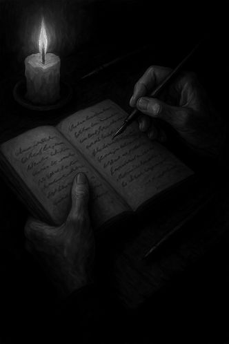 oil painting of a pair of hands writing a journal in portrait format, darker tones_edited.