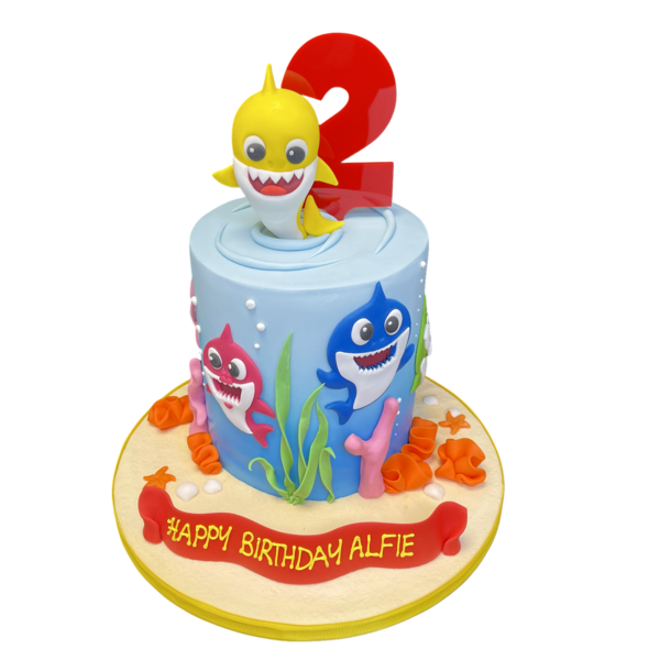 Adorable and colorful baby shark themed cake, perfect for a kids' birthday party or celebration. A fun and cheerful design that will delight any young fan.