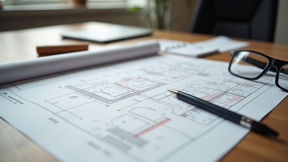 High angle view of blueprint and renovation planning on table