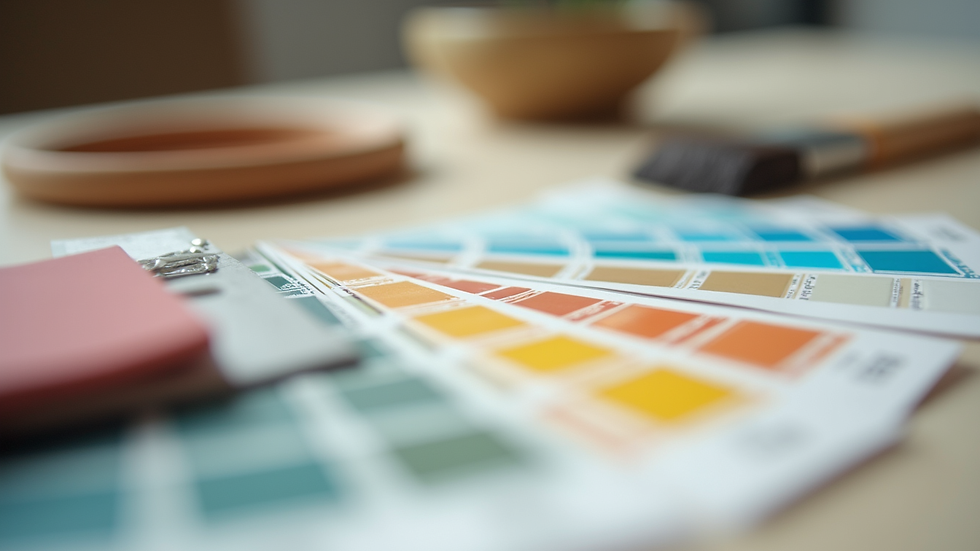 Close-up view of paint swatches and renovation tools on a table