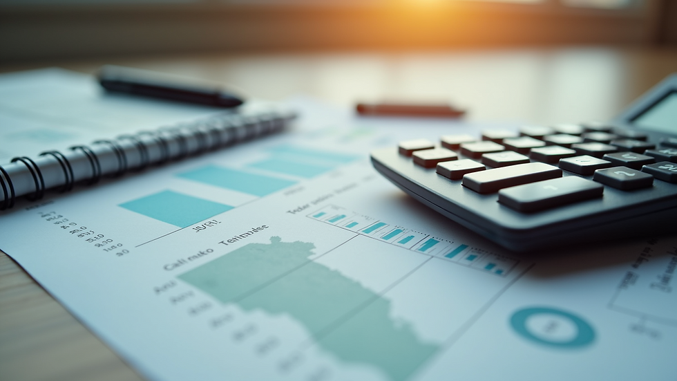 Close-up view of a calculator with budgeting sheets