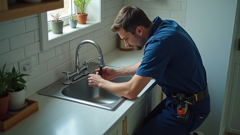 High angle view of a plumber inspecting under a kitchen sink