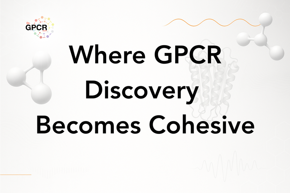White background with molecular structures. Text reads "Where GPCR Discovery Becomes Cohesive." Logo at top left, subtle scientific theme.