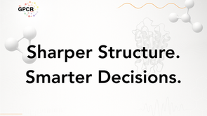 Molecular structures with "Sharper Structure. Smarter Decisions." text. White background, Dr. GPCR logo, and subtle hexagonal patterns.