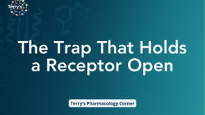 Teal background with chemical diagram. Text: "The Trap That Holds a Receptor Open." Logo: "Terry's Corner." Footer: "Terry’s Pharmacology Corner."