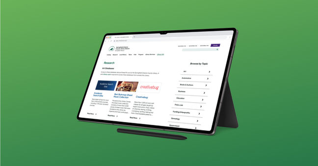 The Springfield-Greene library website, one interface mockup of the desktop Library Info page.