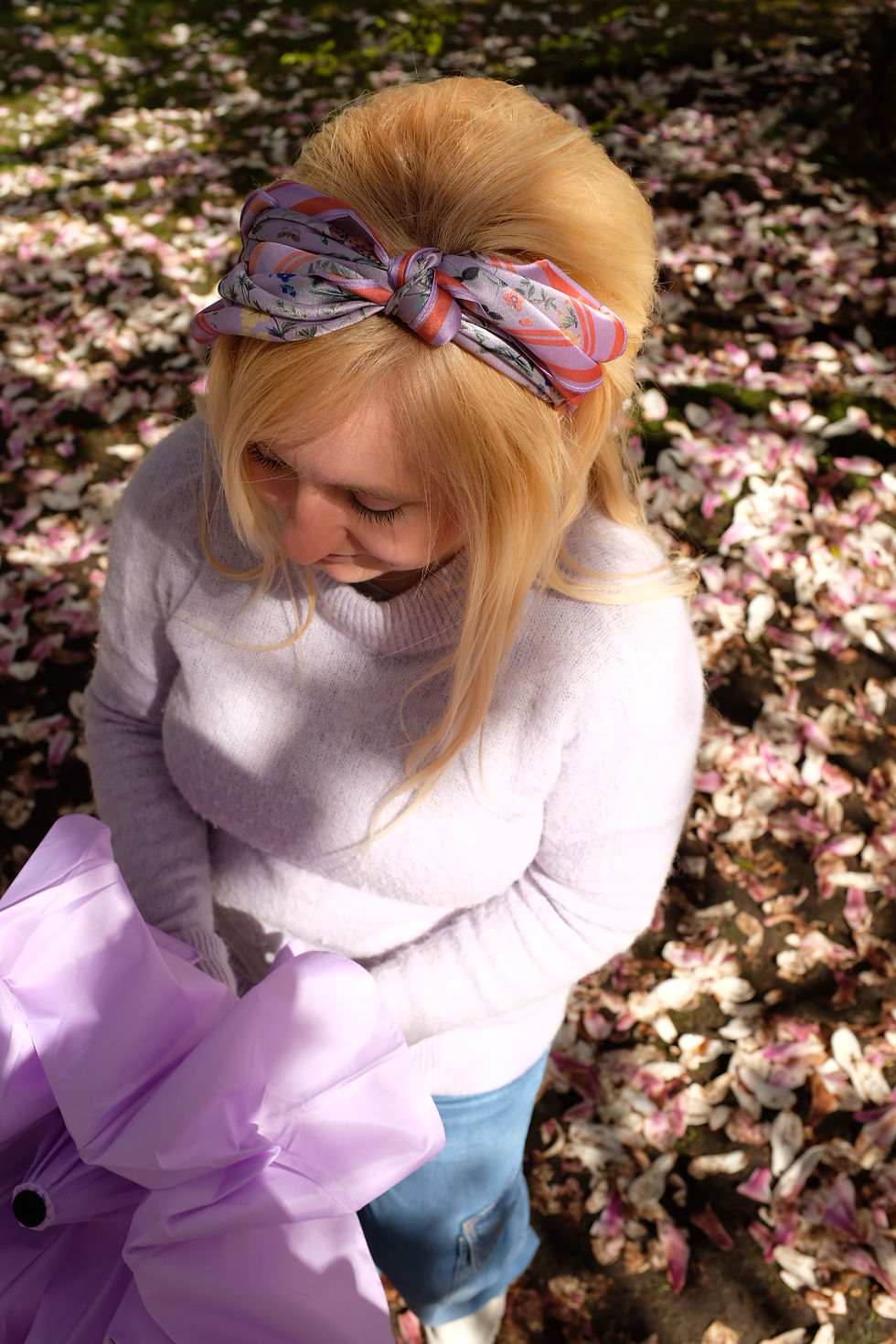 Thumbnail: Fable England Lilac Meadow Creatures Scarf Headband View from Above