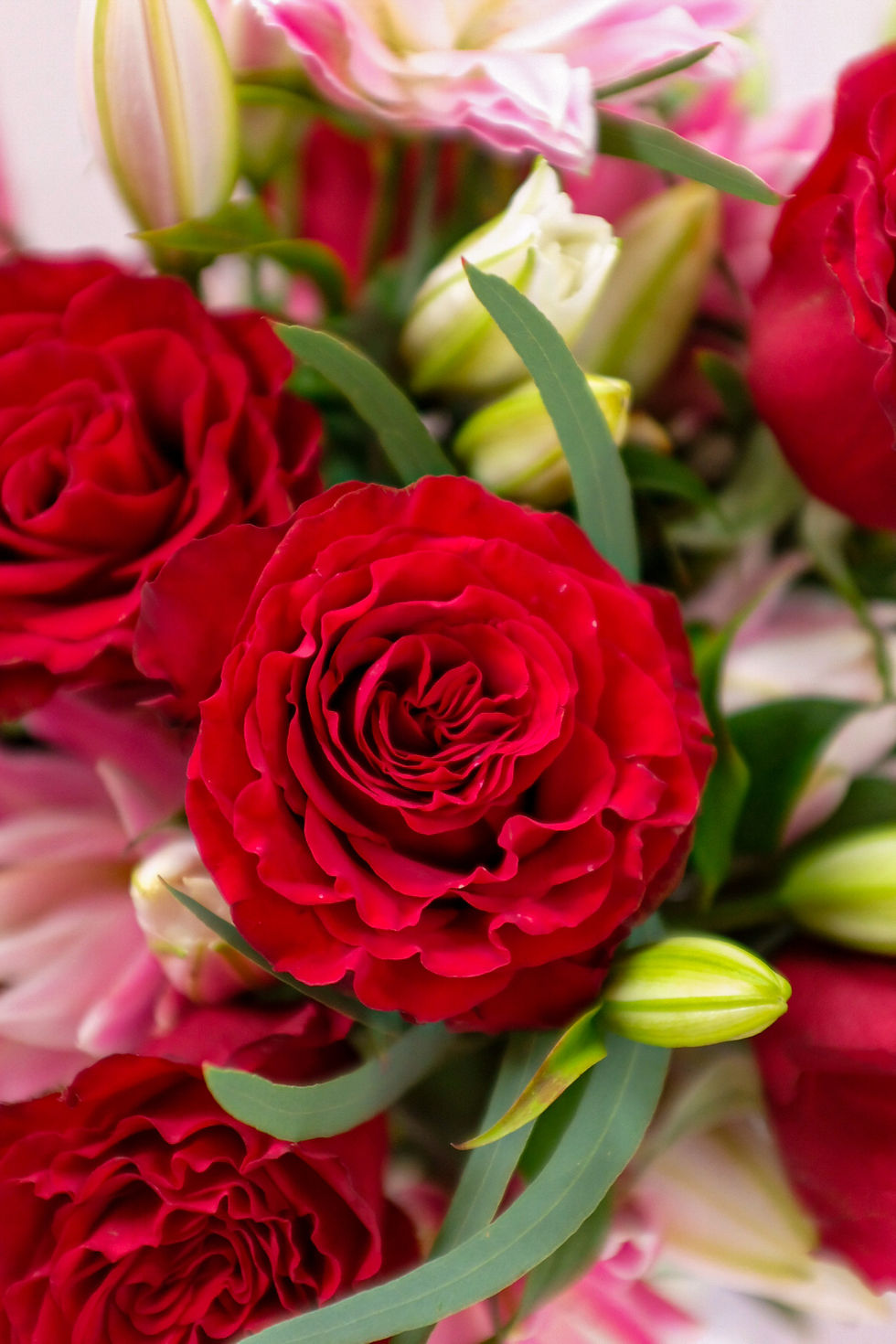 Thumbnail: Valentines 12 Red Roses and Pink Lilies Hand Tied Bouquet