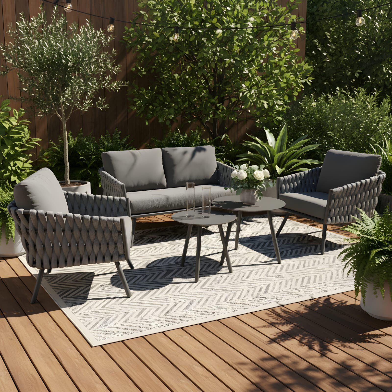 פרו ו פינת ישיבה זוגית לגינה מאלומיניום בשילוב חבלים-אפור כהה