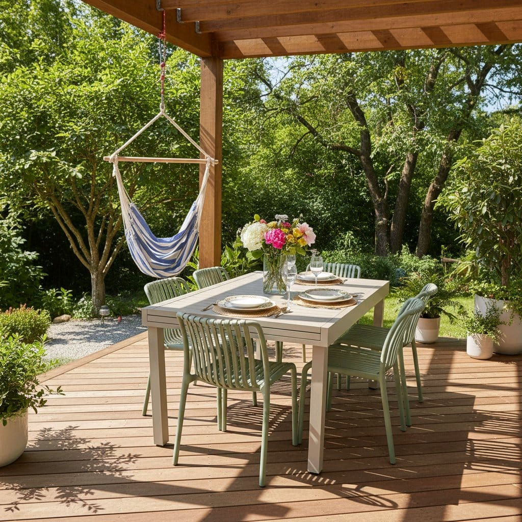 פינת אוכל לגינה אלומיניום, שולחן נפתח ל-2.70 מטר כולל 6 כיסאות מפלסטיק איכותי