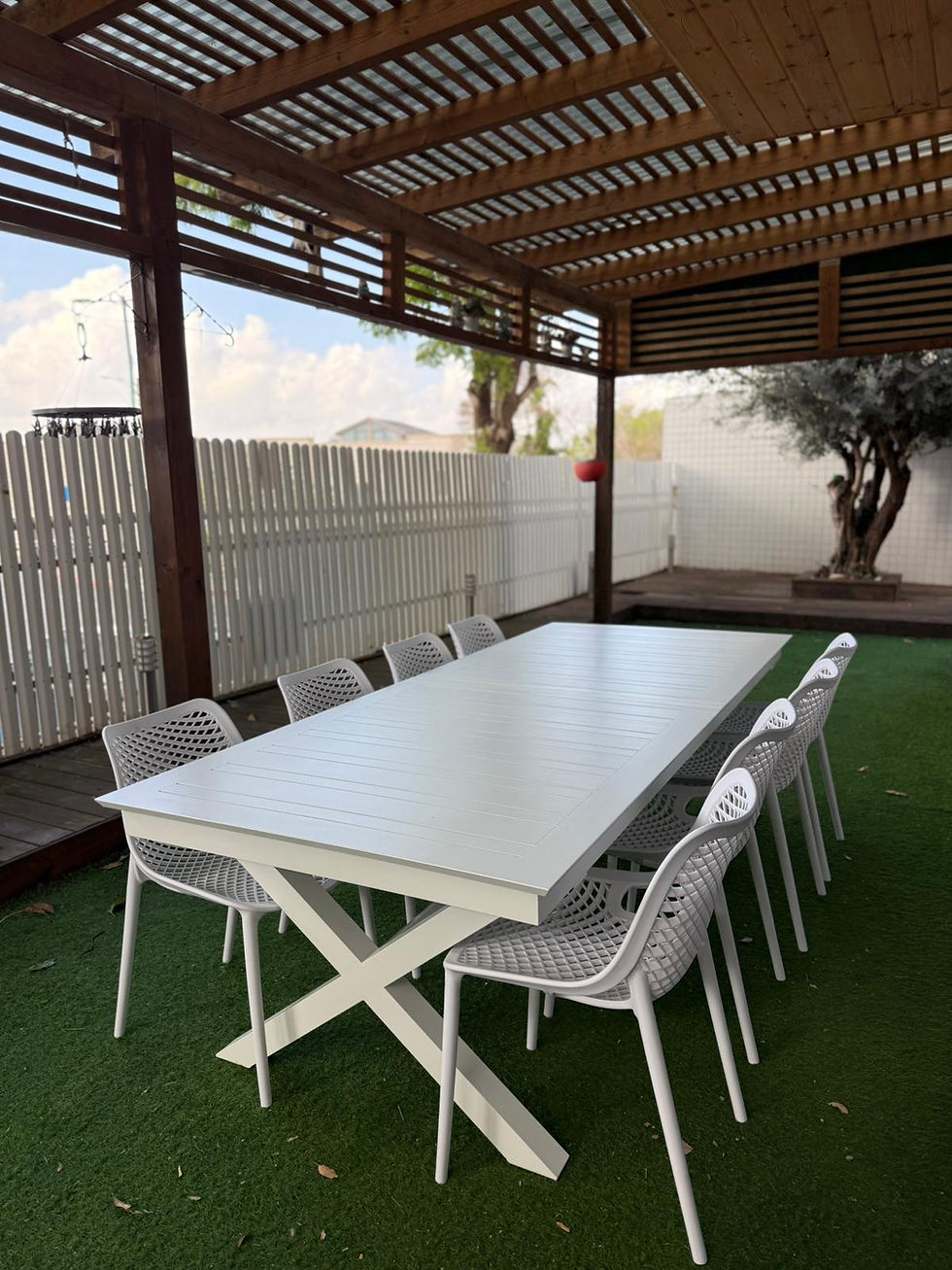 תמונה ממוזערת: דגם איקס ו פינת אוכל לגינה מאלומיניום, 266*110 נפתח ל-4 מטר כולל 8 כיסאות פלסטיק