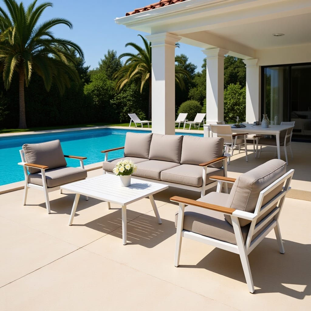 ליטה ו פינת ישיבה תלת מושבית לגינה עשויה 100% אלומיניום-לבן ושמפניה