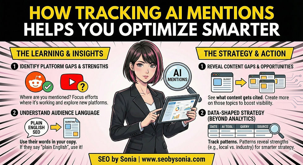 Infographic explaining how tracking brand mentions in AI search results helps improve SEO strategy by identifying platform gaps, understanding audience language, analyzing cited content, and building data driven content strategies.