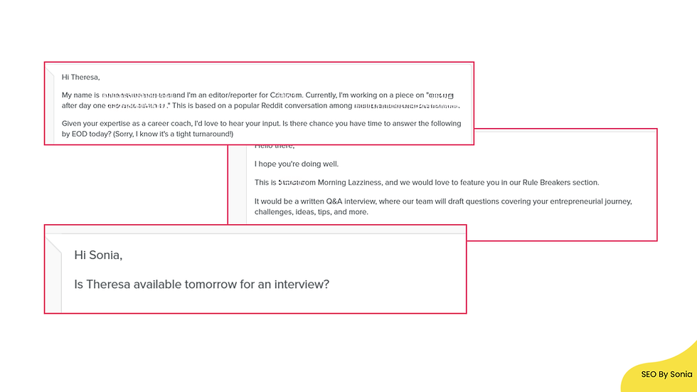 A bright yellow and white page with a yellow and red box, focused on SEO for backlinks and interview opportunities.