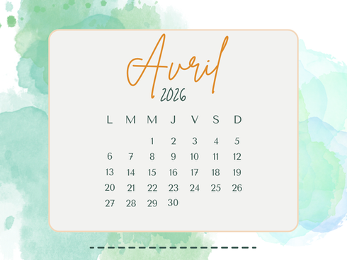 Aperçu calendrier du mois d'avril 2026