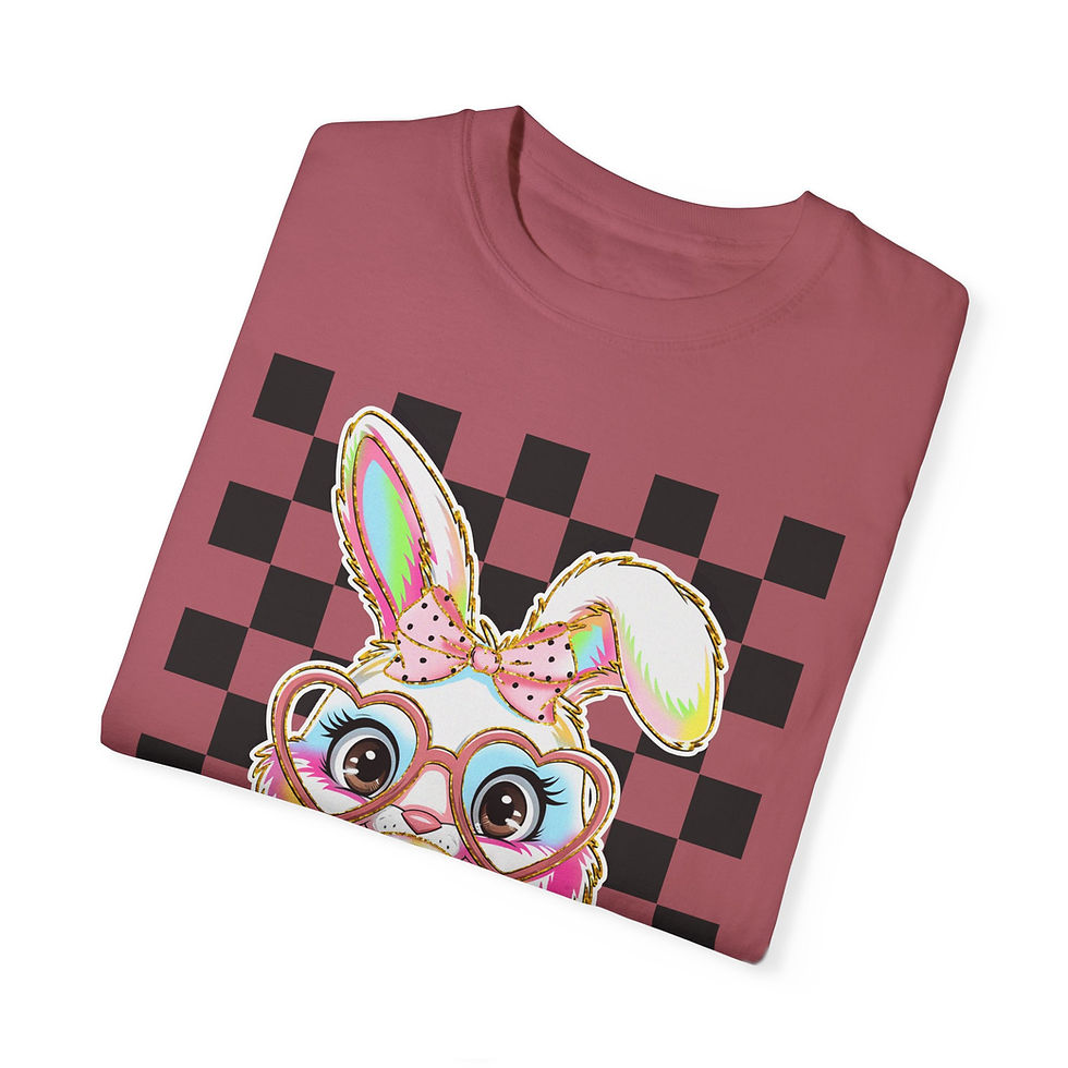 Thumbnail: Pink Bubble Blowing Bunny Tee featuring white bunny in heart glasses, checkered.