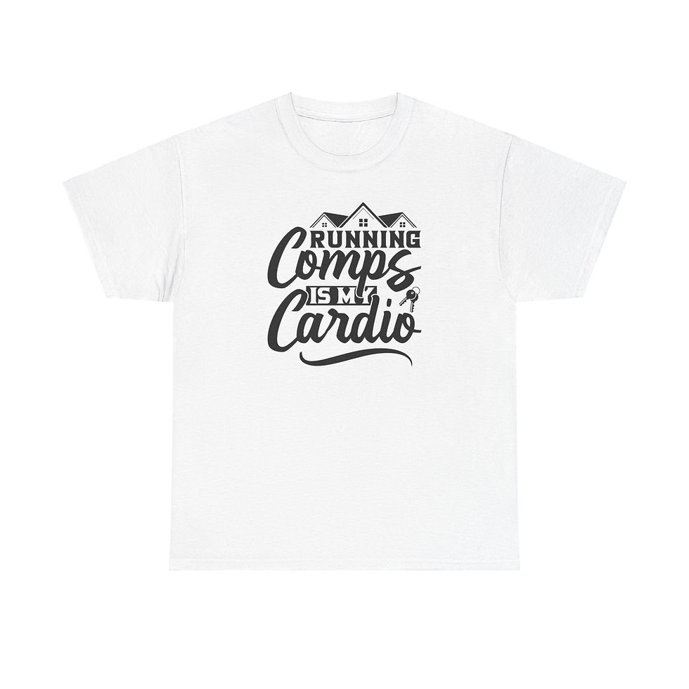 Thumbnail: White t-shirt with "Running Comps is my Cardio" text design on it.