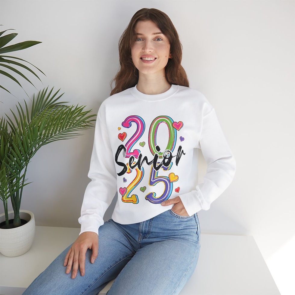 Thumbnail: Girl wearing white 20 Senior 25 sweatshirt colorful