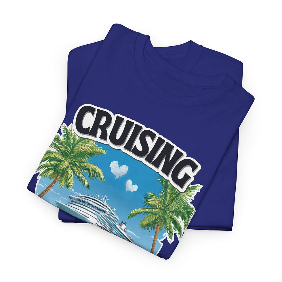 Thumbnail: Blue t-shirt with "Cruising" over ocean scene with palm trees.