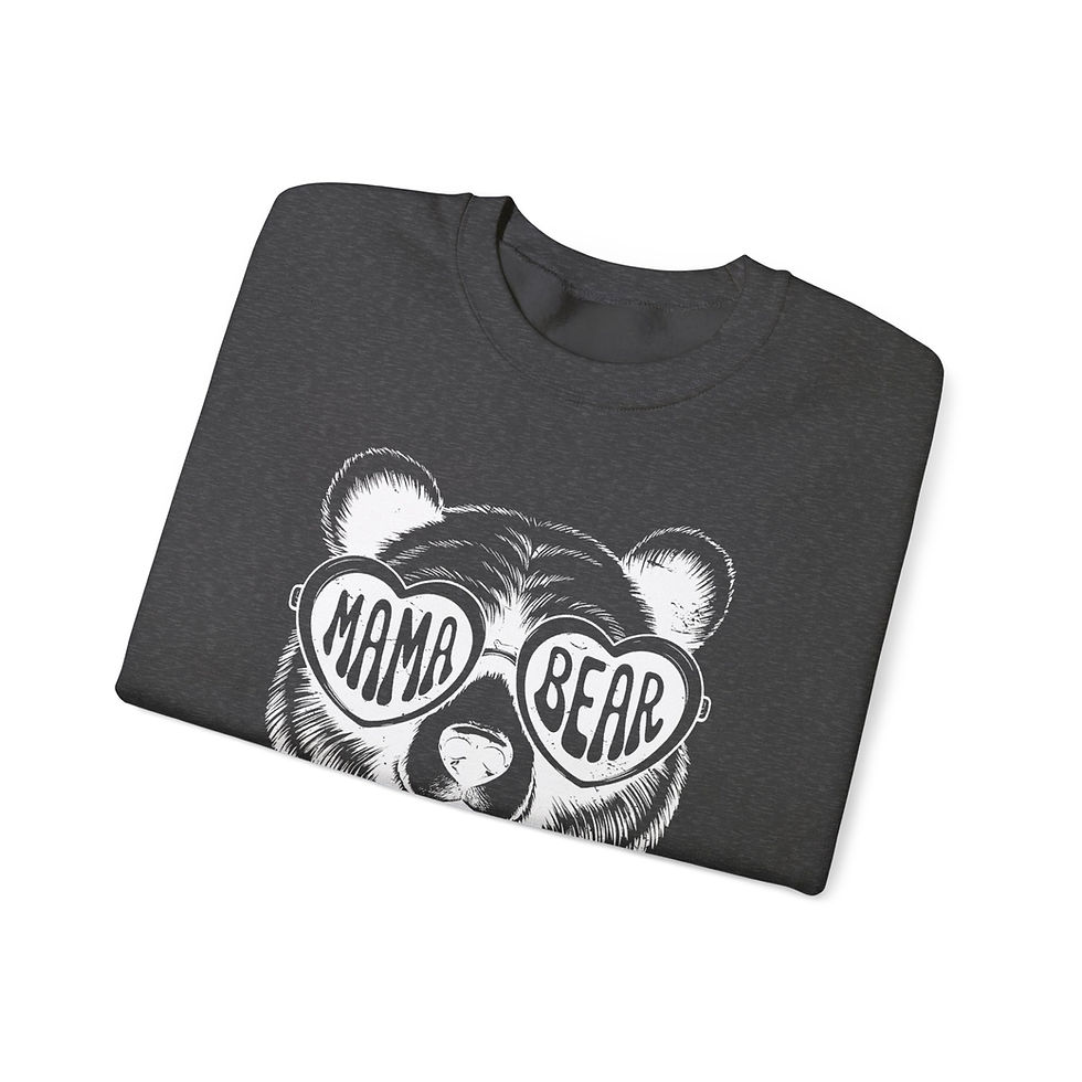 Mama Bear graphic design on a dark gray sweatshirt, folded neatly