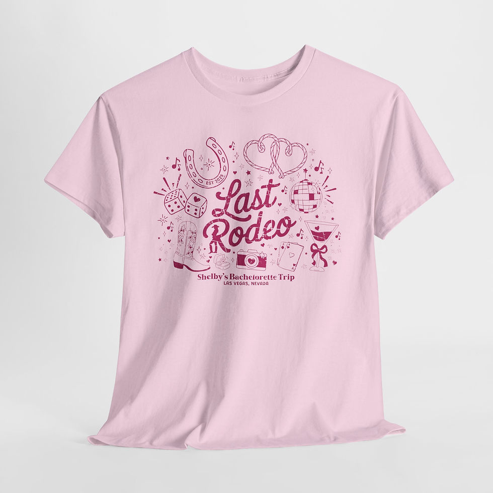 Thumbnail: Pink t-shirt with Last Rodeo Bachelorette Customizable Tee and graphic print.