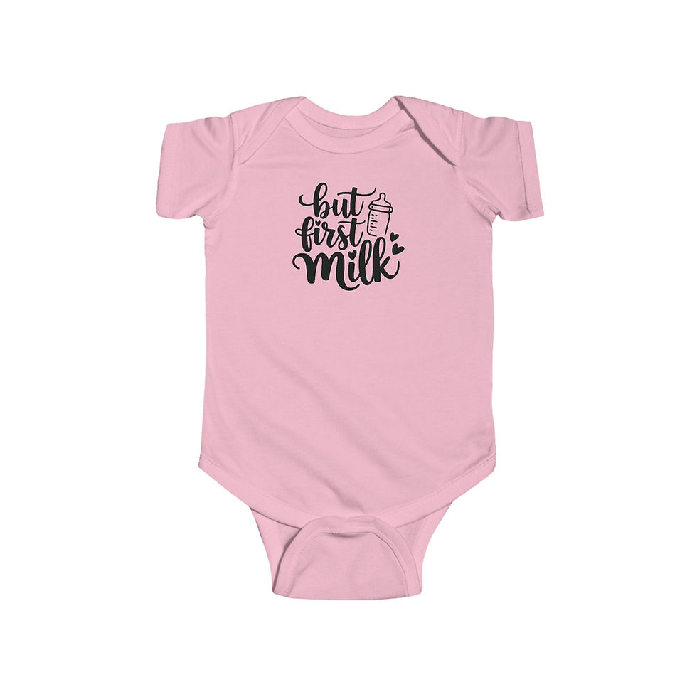 Thumbnail: Pink baby tee with "but first milk" Remembering Rachael Thomas 2025 Memorial Toddler Tee.
