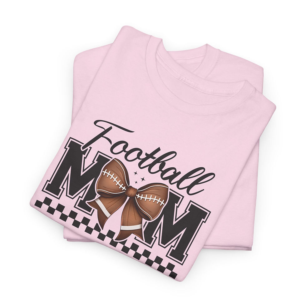 Thumbnail: Pink t-shirt with Football Mom graphic and football bow design printed on it.