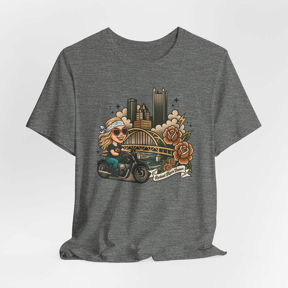 Thumbnail: Motorcycle graphic tee Remembering Rachael Thomas 2025 Memorial Tee, with cityscape and flowers.