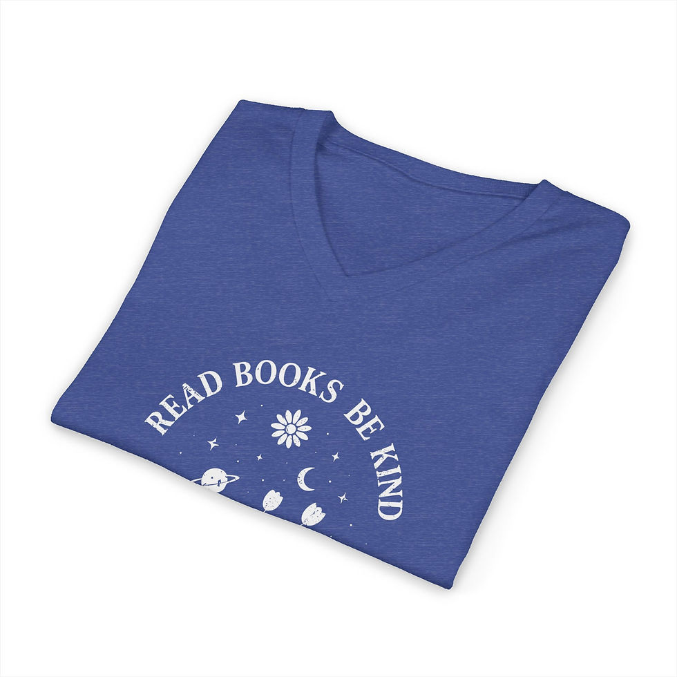 Thumbnail: Blue V-neck t-shirt with text: READ BOOKS BE KIND, folded on white background.