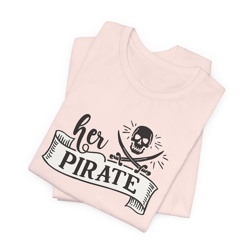 Thumbnail: Pink 'her PIRATE' t-shirt with skull and cross swords; Her Pirate Couple's Cruise Tee.