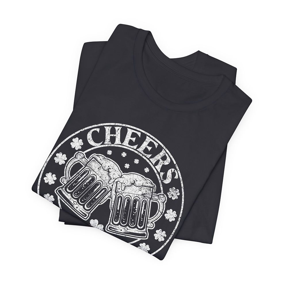 Thumbnail: Black t-shirt with "CHEERS" text, two beer mugs, shamrocks design.