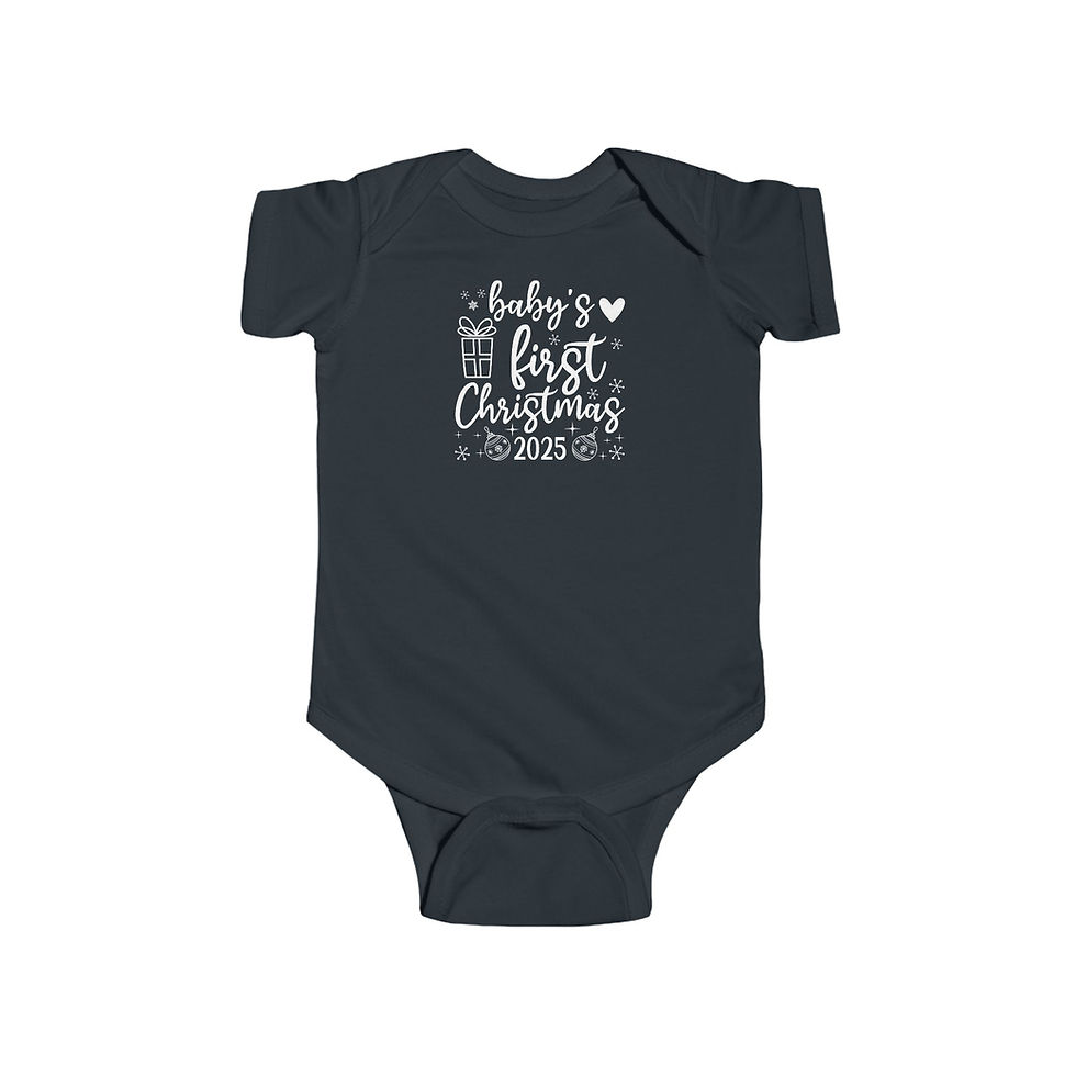 Thumbnail: Dark blue baby bodysuit, Baby's First Christmas 2025. Newborn holiday gift.