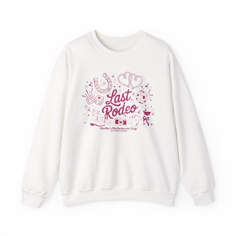 Thumbnail: White sweatshirt features Last Rodeo text, horseshoe, and heart design, North Shore Legends Sweatshirt.