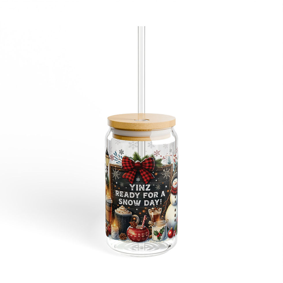 Thumbnail: Yinz Ready for a Snow Day! Glass tumbler with straw and wooden lid.