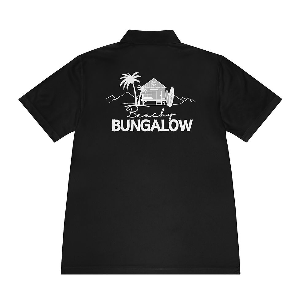 Thumbnail: Black polo shirt with "Beach Bungalow" graphic on the back.