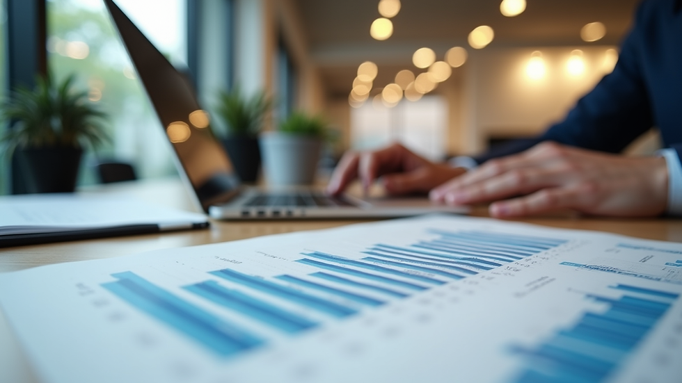 Eye-level view of a modern office workspace with a laptop and marketing charts