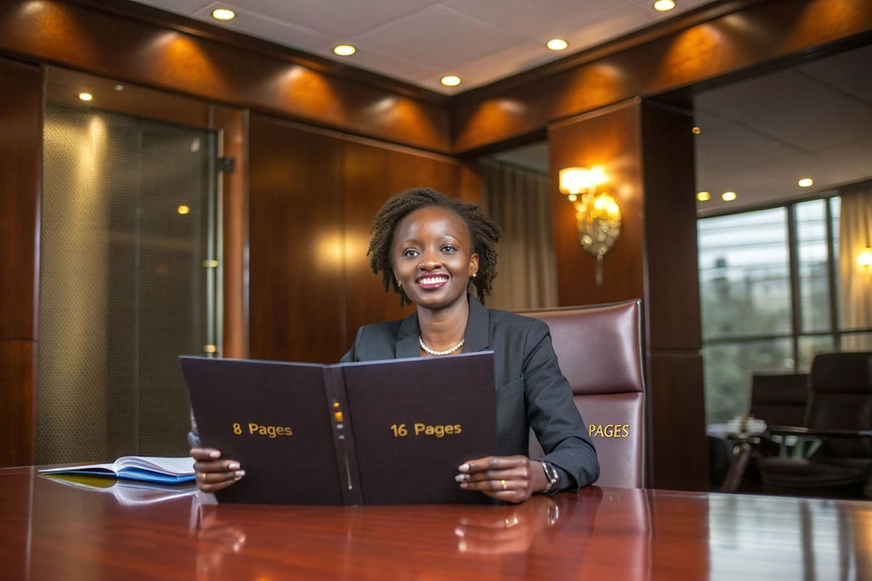 Kenyan businesswoman reviewing three company profiles of different page counts on a boardroom table in a Nairobi office