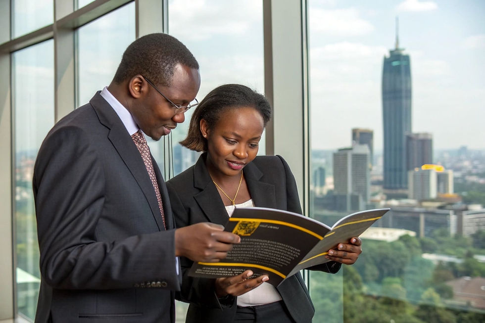Two Kenyan corporate professionals reviewing a company profile together in a glass-walled Nairobi boardroom