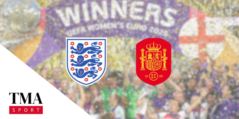 England badge and Spanish badge over a blurred celebratory image. 