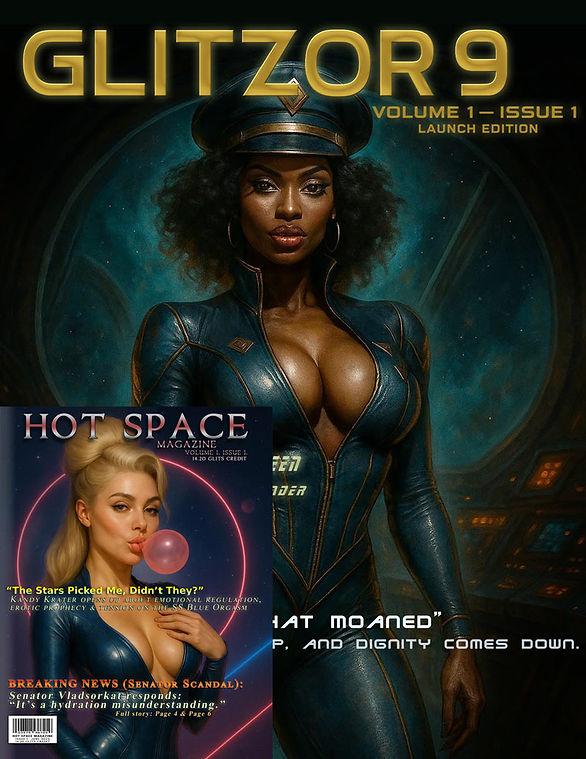 Launch promo showing Commander Gail Kween on Glitzor9 Magazine and Kandy Krater on Hot Space Magazine Issue 1 covers.
