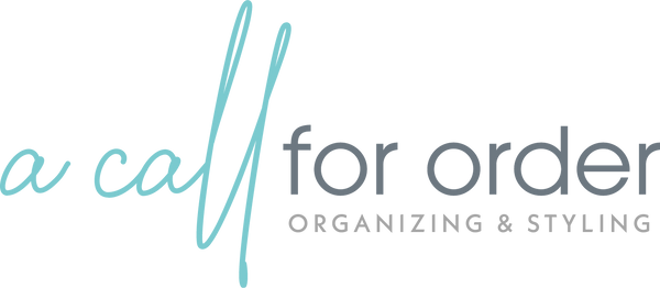Text-only business logo that says "a call for order - ORGANIZING & STYLING"