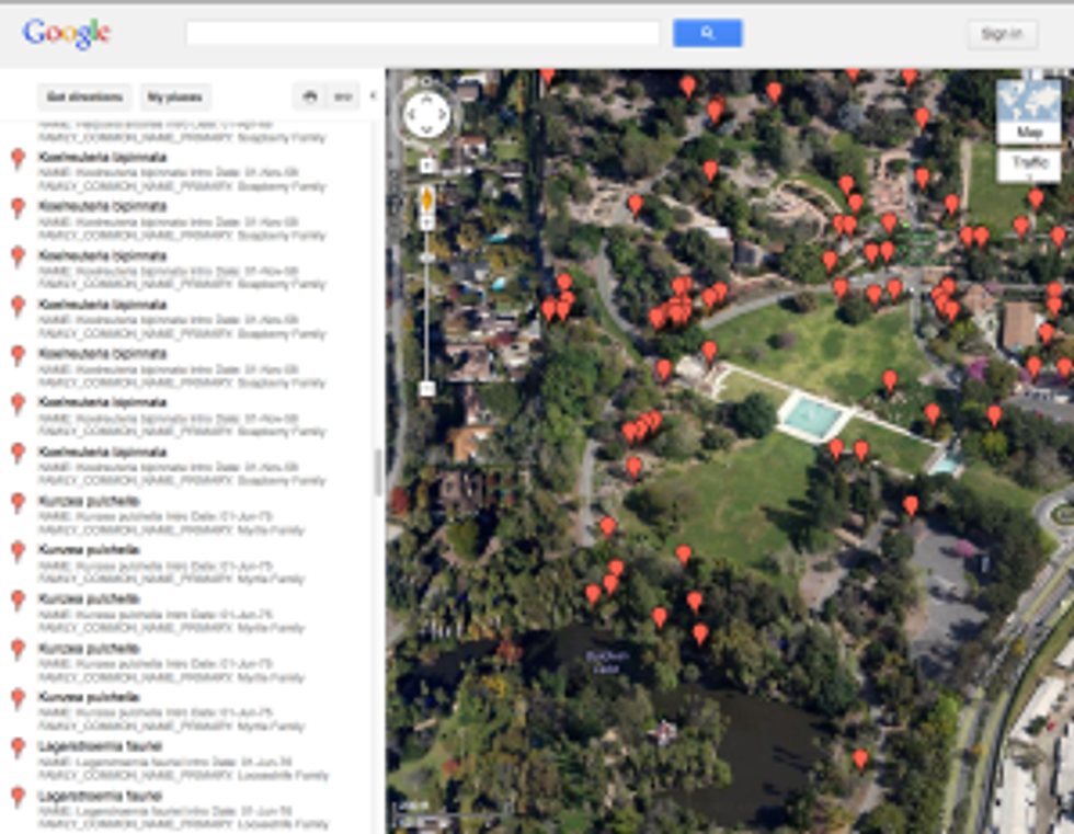 "Satellite" view of Google map of the locations of Arboretum introductions.